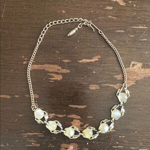 1950’s 13” Moon Glow Pinkish Moonstone Look Leaf Panel. Necklace